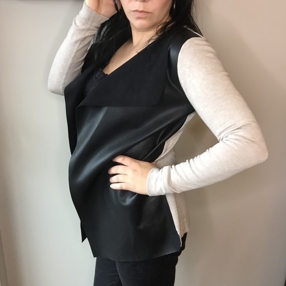 Zara Knit colour blocked faux leather and tan waterfall cardigan - Sz M - Picture 3 of 8